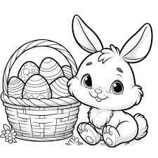 Coloriage Lapin de Pâques à côté d'un panier d'œufs - Dessin gratuit